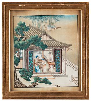 AKVARELLER, nio stycken. Okänd konstnär, Qingdynastin, 1800-tal.