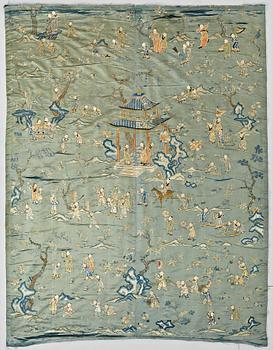 A large embroidered silk panel lined with wool, late Qing dynasty.