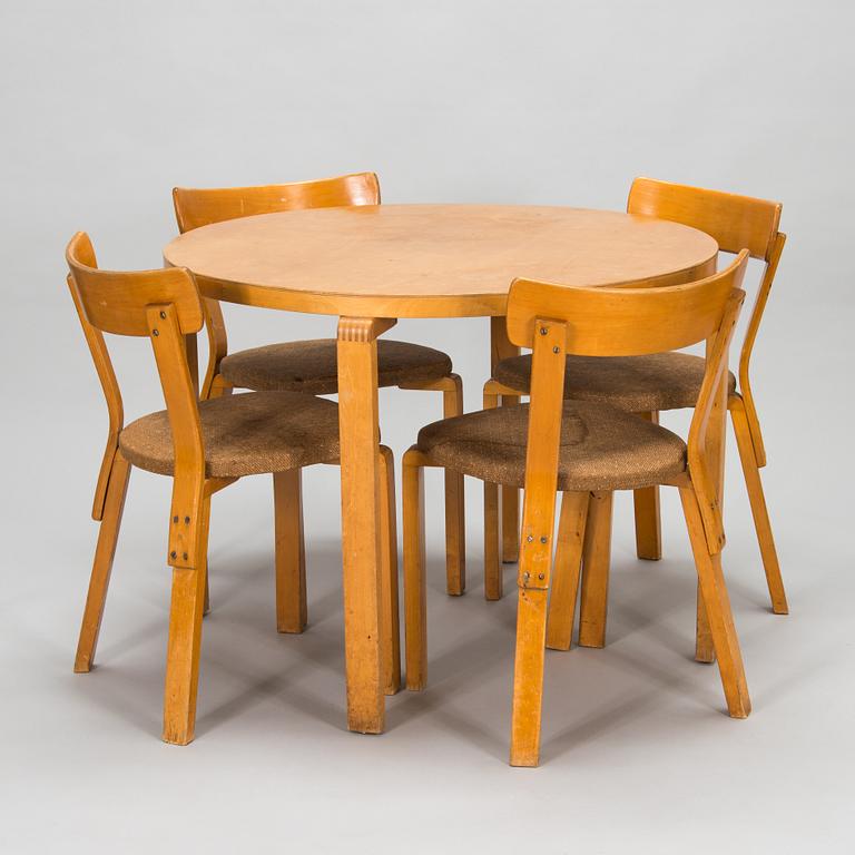 Alvar Aalto, 1940s '73' table and four '69' chairs for O.Y. Huonekalu- ja Rakennustyötehdas A.B.
