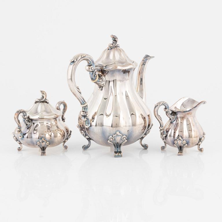 Kaffeservis, 3 delar, silver, rokokostil, Norge, omkring 1900-talets mitt.