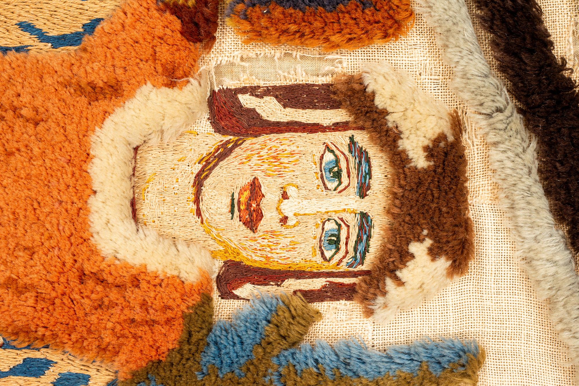 Alf Munthe, a textile, "Välkommen", embroidery and pile on fabric, ca 244,5 x 87-89 cm.