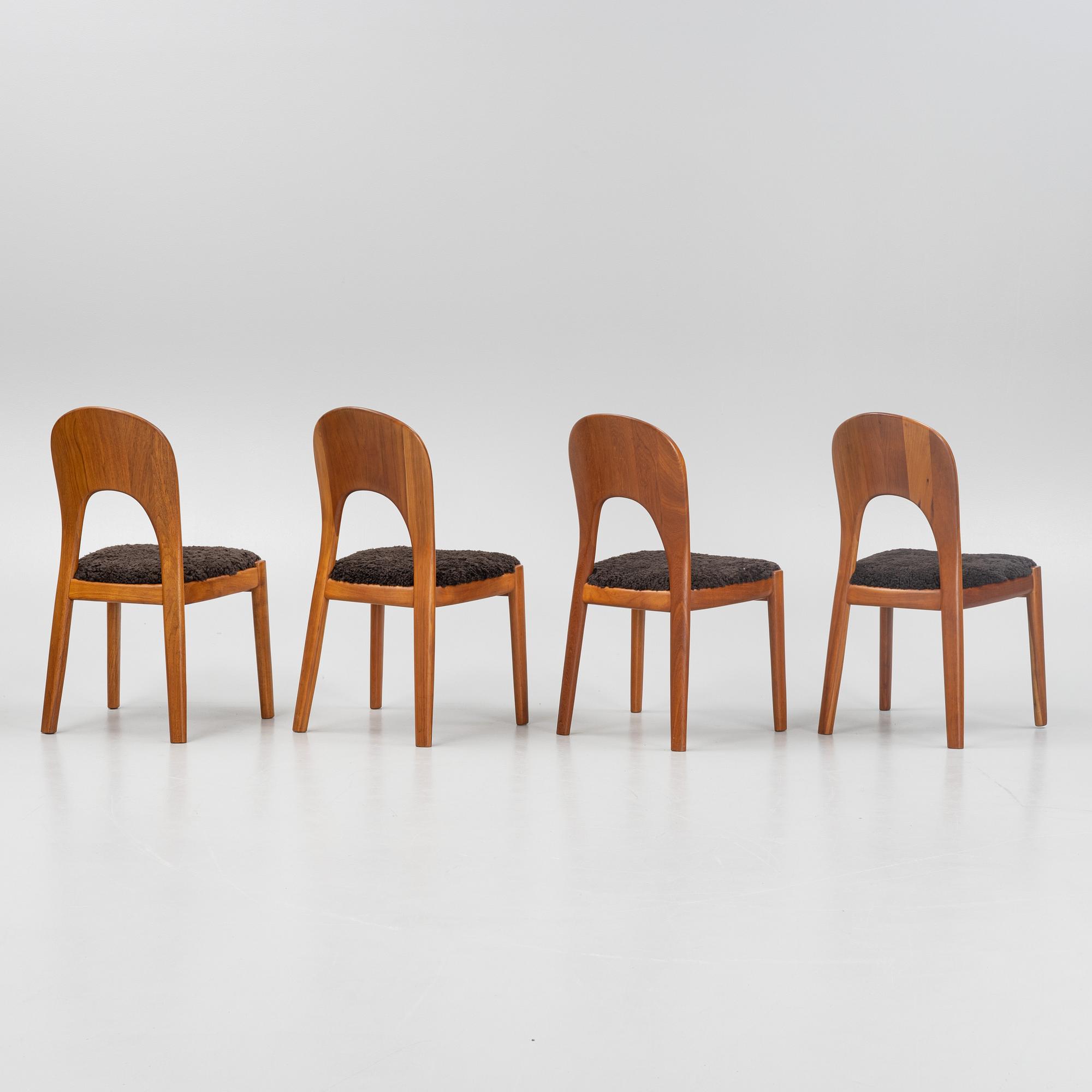 Niels Koefoed, eight teak dining chairs upholstered in new sheep skin, Denmark, 1960's.