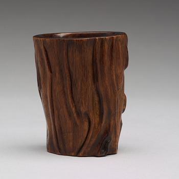 A wooden brush pot, presumably late Qing dynasty.