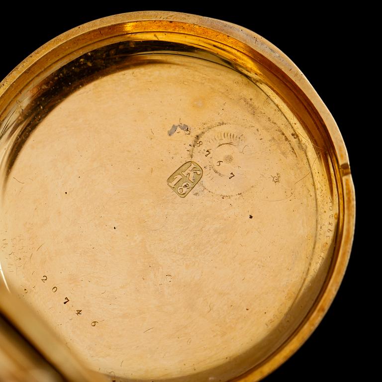 FICKUR, 18 k guld, 1800-/1900-tal. Total vikt inklusive urhus ca 78 g.