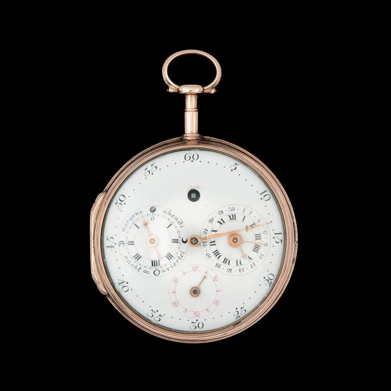 Pocket Watch. Philipp Matthäus Hahn (1739-1790), Echterdingen, Germany. Gold. Total weight 134g. 57mm.