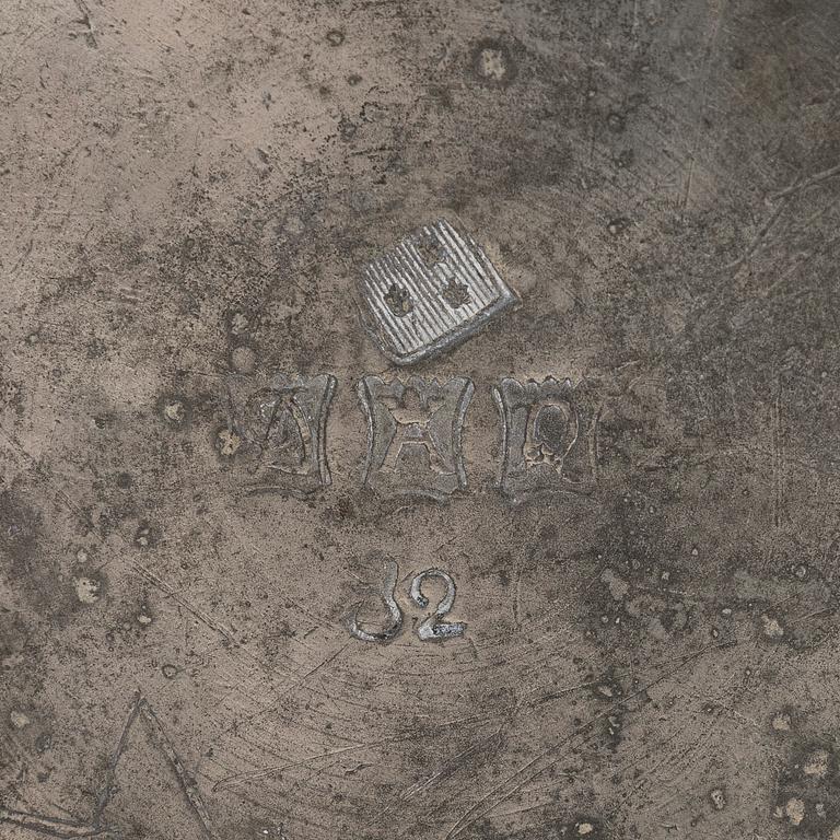 A pewter bottle, maker's mark of Daniel Rising, Turku, Finland, late 18th Century.