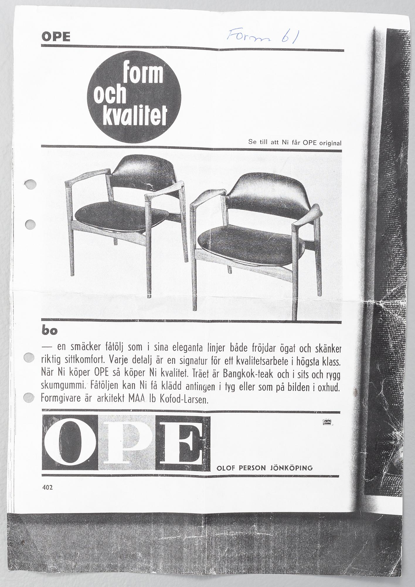 Ib Kofod-Larsen, fåtölj, "Bo", Olof Persson möbler Jönköping, 1950/60-tal.