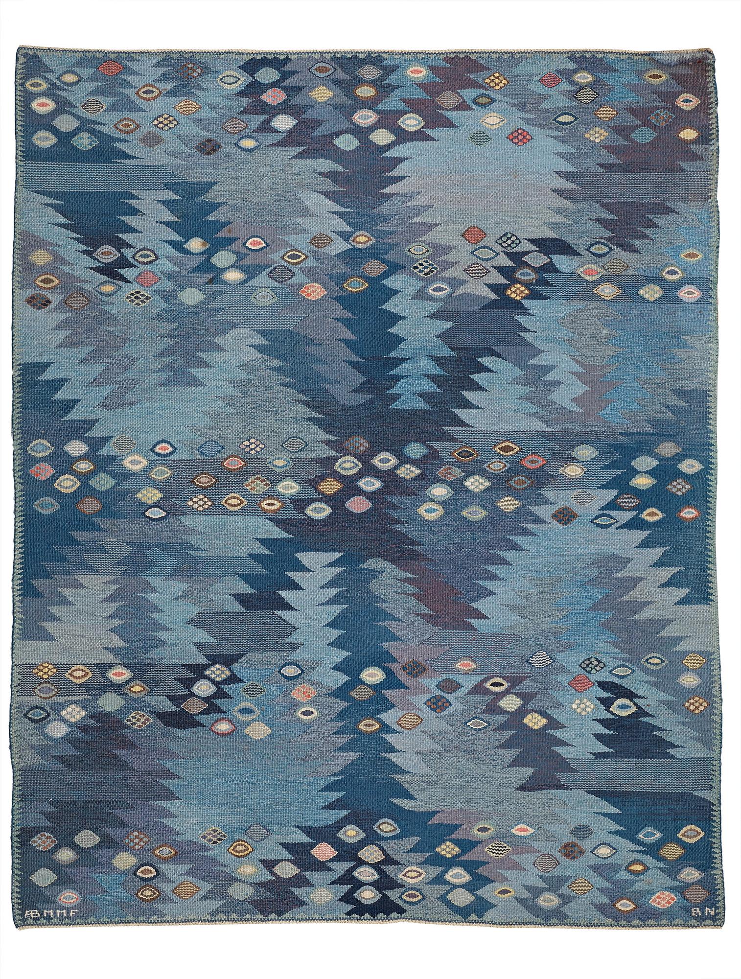 Barbro Nilsson, A CARPET, "Tånga blå, variant", flat weave, ca 259 x 206,5 cm, signed AB MMF BN.
