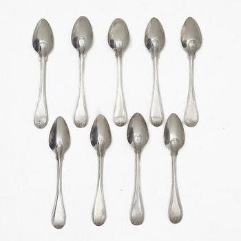 Nine Swedish silver teaspoons from Karlskrona, including with mark of Petter Fredrik Sundberg, 1853.