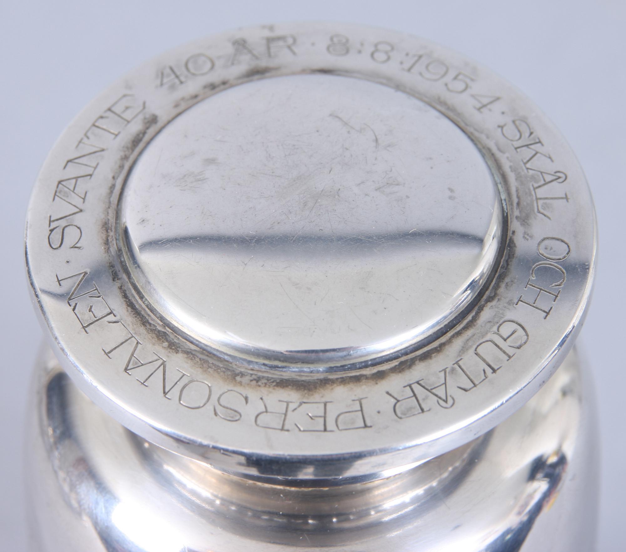 SHAKER samt 6 st COUPEGLAS, nysilver, C G Hallberg, 1900-talets första hälft.