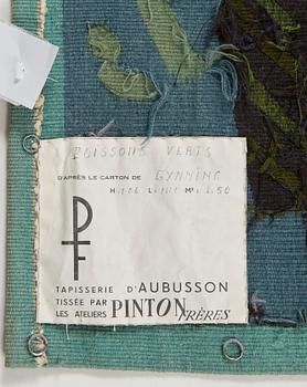 VÄVD TAPET. "Poissons verts" ("Gröna fiskar"). Gobelängteknik. 106 x 139 cm. Signerad GYNNING PF (Lars G., Pinton Frères, Aubusson).