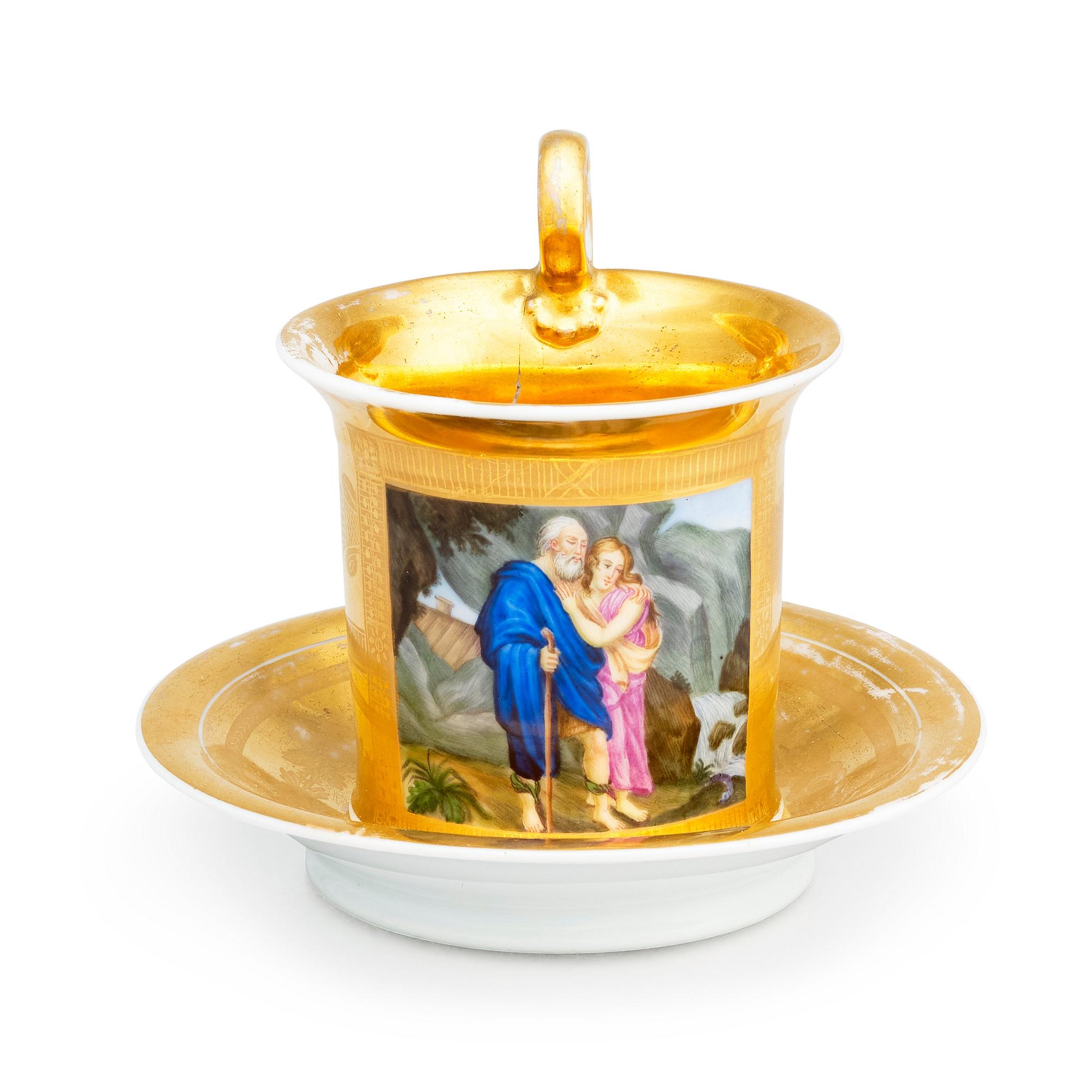 An Empire porcelain cup depicting a saint Christian preacher and a girl, probably by Batenin Porcelain Factory,