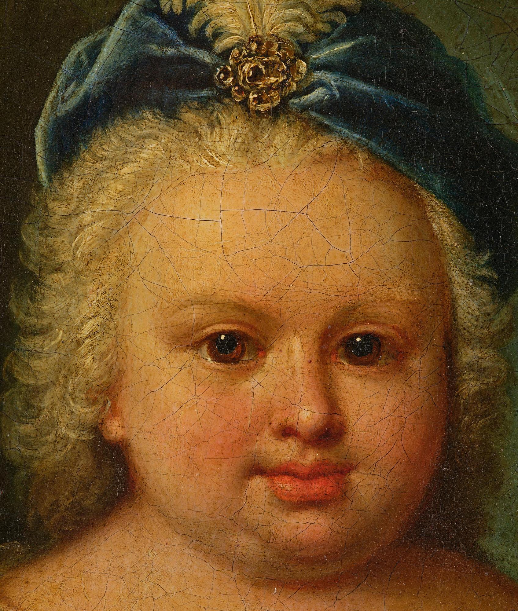 Nicolaes Maes, hans krets, Porträtt av en pojke i hermelinfodrad mantel och mops.