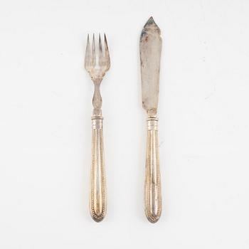 Fish cutlery in original case, 24 pieces, nickel silver/alpaca, AG Dufva, Stockholm, early 20th century.