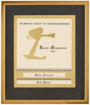 34. NOMINERINGSCERTIFIKAT, från The British Society of Cinematographers 1974.