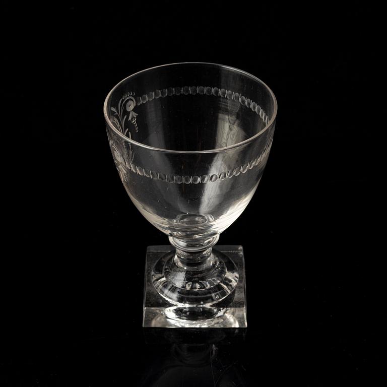 A wine glass engraved with Swedish king Carl XIII:s crowned monogram. Prob. Reimyre, prob. engraved by Ander Spolander.