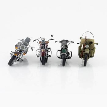 Four die cast model cars and four die cast model motor bikes, Franklin Mint.