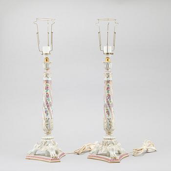 A pair of porcelain lamp feet by Dresden, made in the first half of the 20th century.