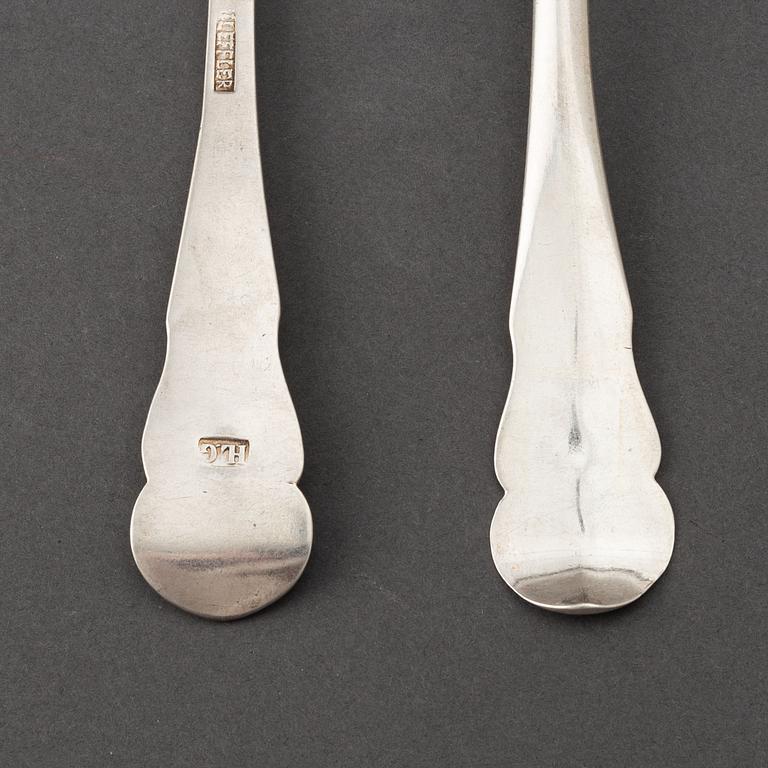 A set of six Swedish 18th century silver dinner-spoons, mark of Johan Leffler, Falun 1773.