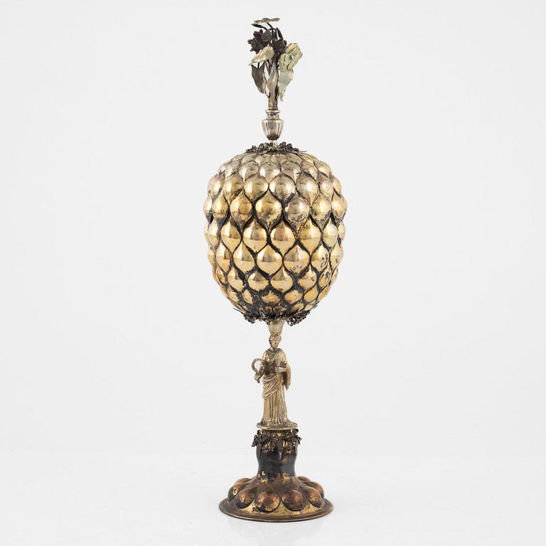 A German Baroque Style Parcel-Gilt Silver Pineapple Cup with Cover, circa 1900.