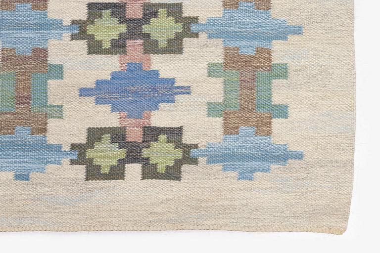 Judith Johansson, a carpet 'Riddarsporrar', flat weave, c. 245 x 177 cm, signed JJ E.