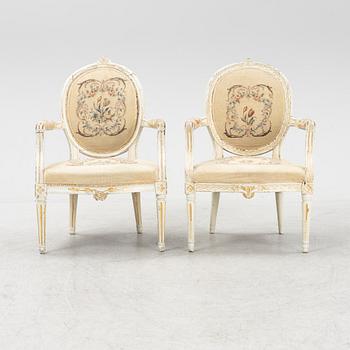 Two Gustavian armchairs, end of the 18th Century.