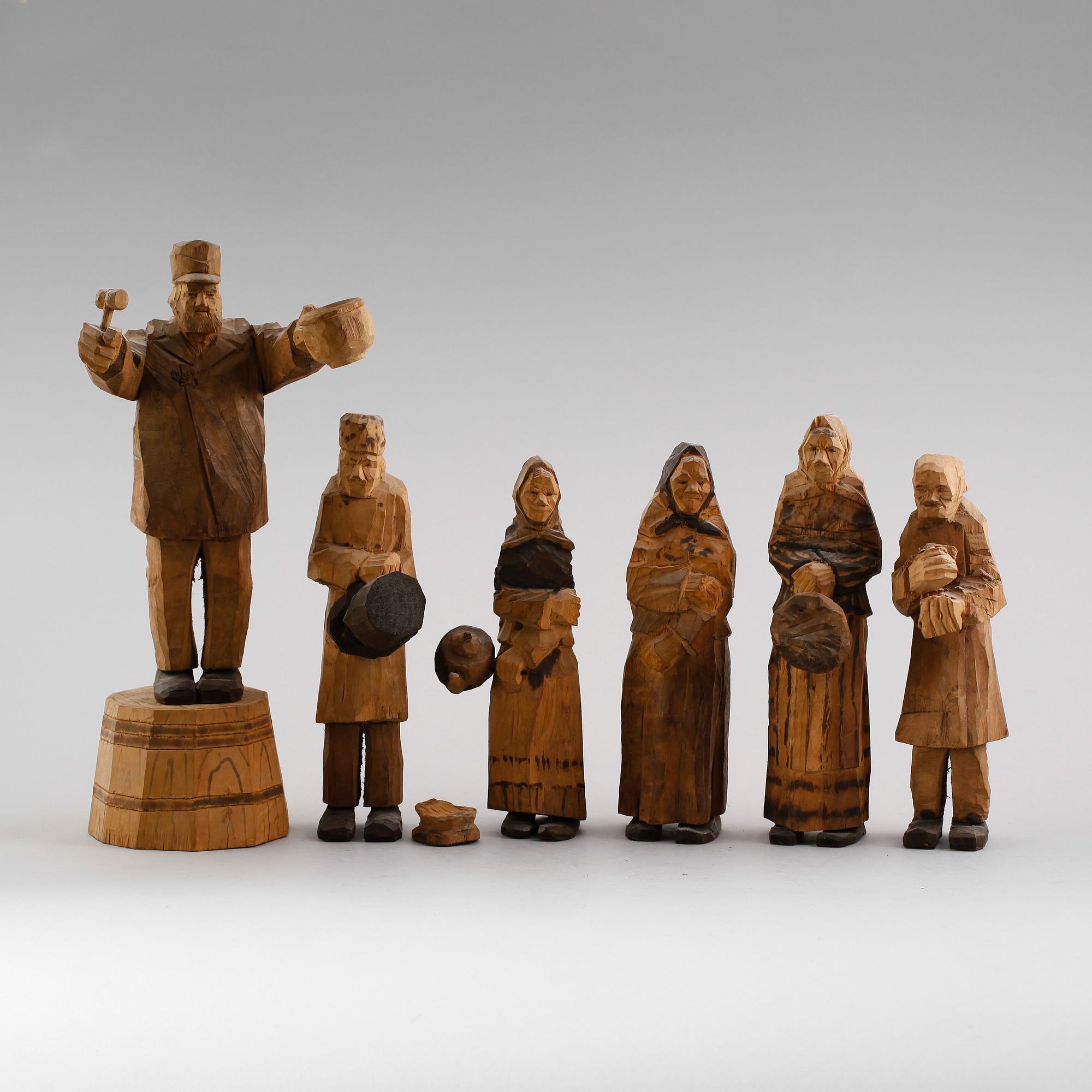 AXEL PETERSSON DÖDERHULTARN, 6 delar, Auktionsgrupp, snidat trä.