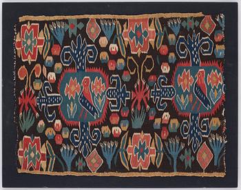 Åkdyna, "Den innelykta fågeln", flamskväv, ca 52 x 67 cm, Skåne 1700-talets sista kvartal.