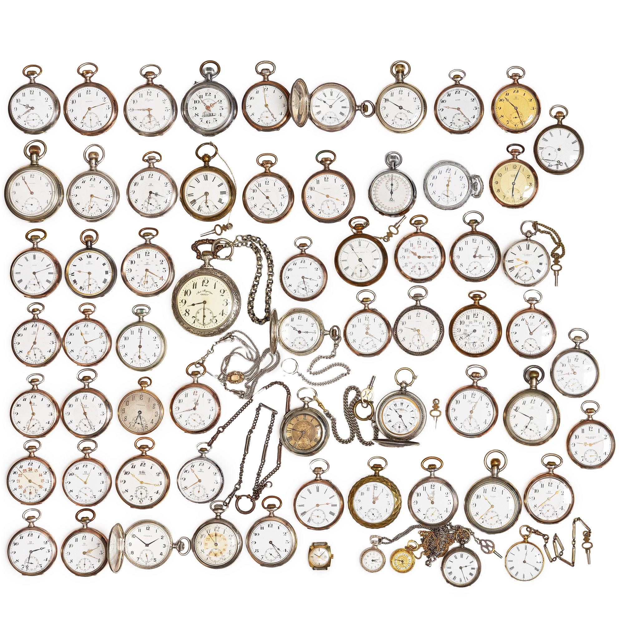 Collection of pocket watches, 63 pieces, "No reserve", various materials.