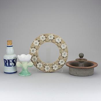 Five stonewear pieces designed by Lisa Larson, including one jar 'Karolin', Gustavsberg.