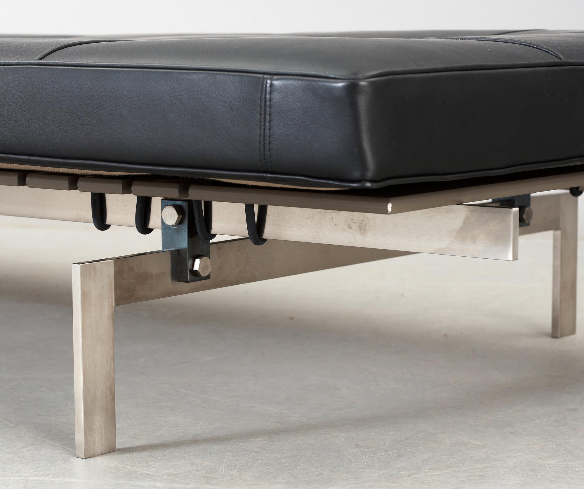 A Poul Kjaerholm 'PK-80' steel and black leather daybed by Fritz Hansen, Denmark 2005, maker's mark in the steel.