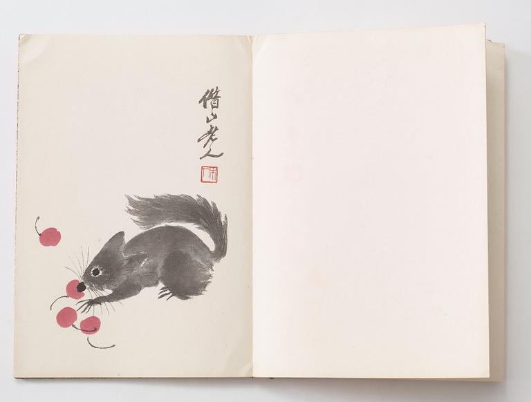 BOK MED TRÄSNITT, "Qi Baishi hua ji", dedikation till Hjalmar Mehr från Geng Biao, 1954.