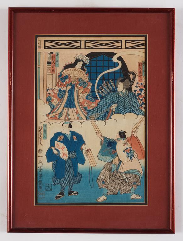 Utagawa Kunisada, two woodblock prints, Japan, before 1842, an a woodblock print by unknown artist, Japan, 1862.