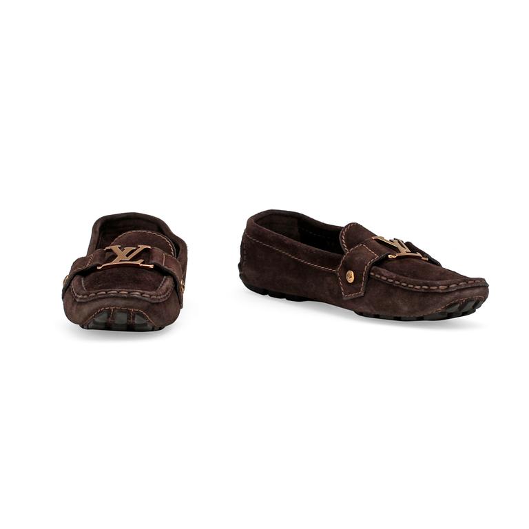 LOUIS VUITTON, a pair of brown suede loafers.