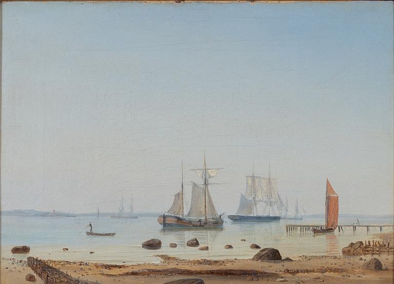 Carl Julius Emil Olsen, Coastal Scene with a Jetty and Boats in Calm Water.