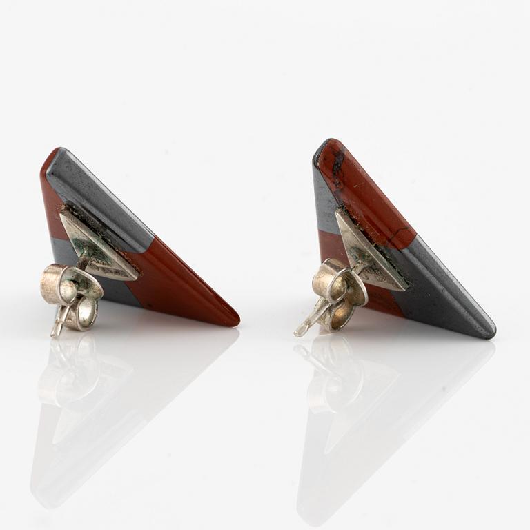 A pair of sterling silver earrings with hematite and jasper.