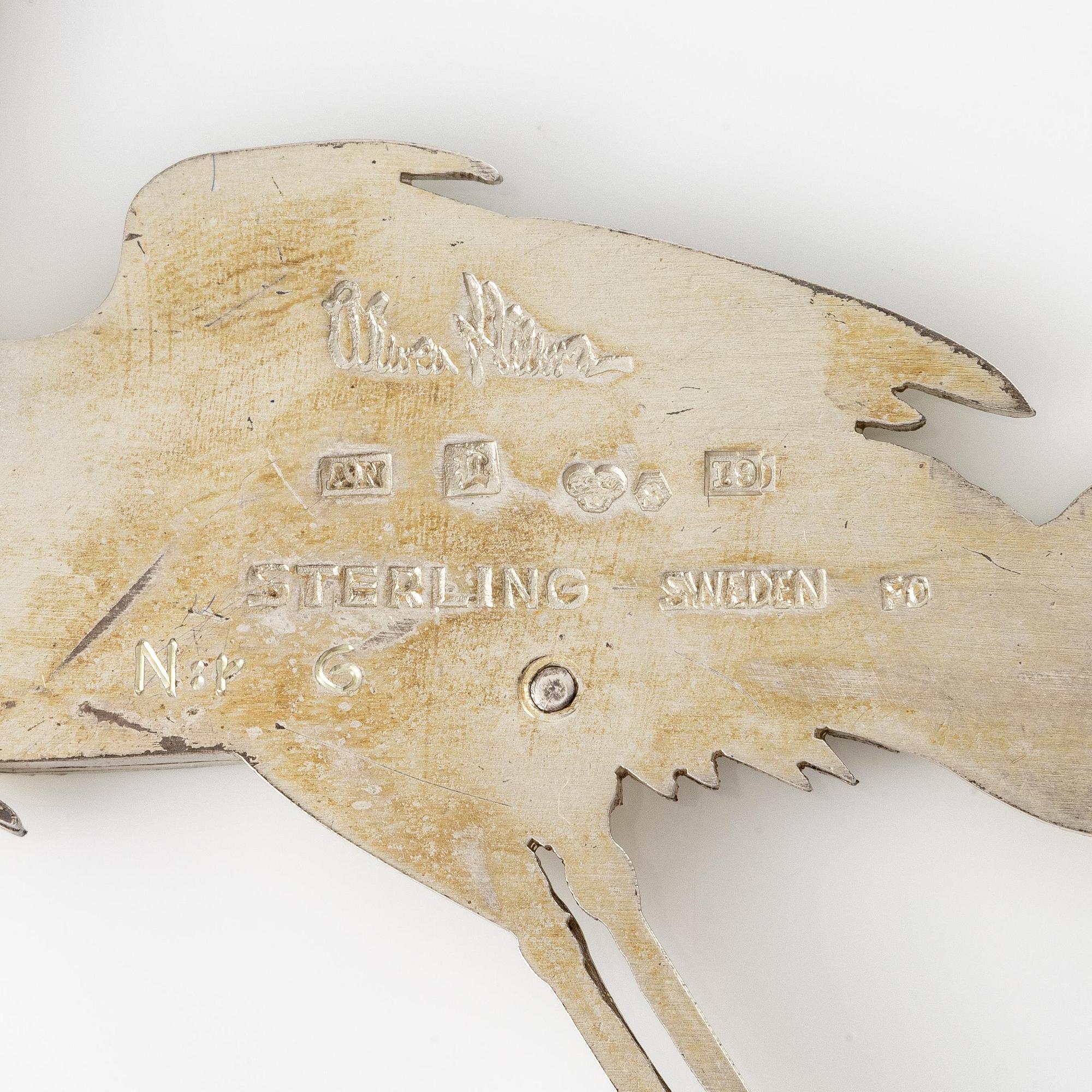 Wiwen Nilsson, a brooch, sterling silver, in the form of a peacock, Lund 1959.