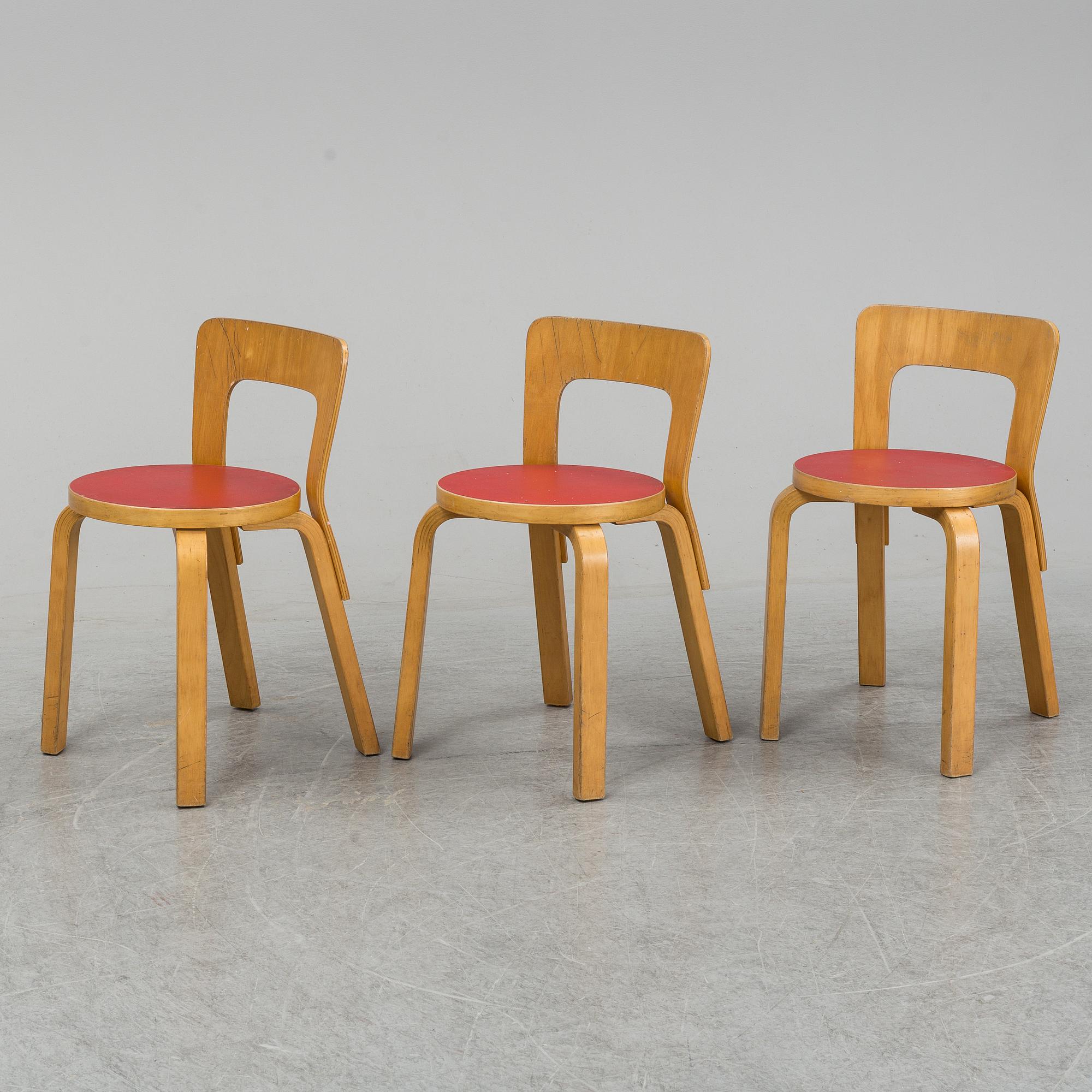 Three Alvar Aalto chairs, modell 65 for Artek.