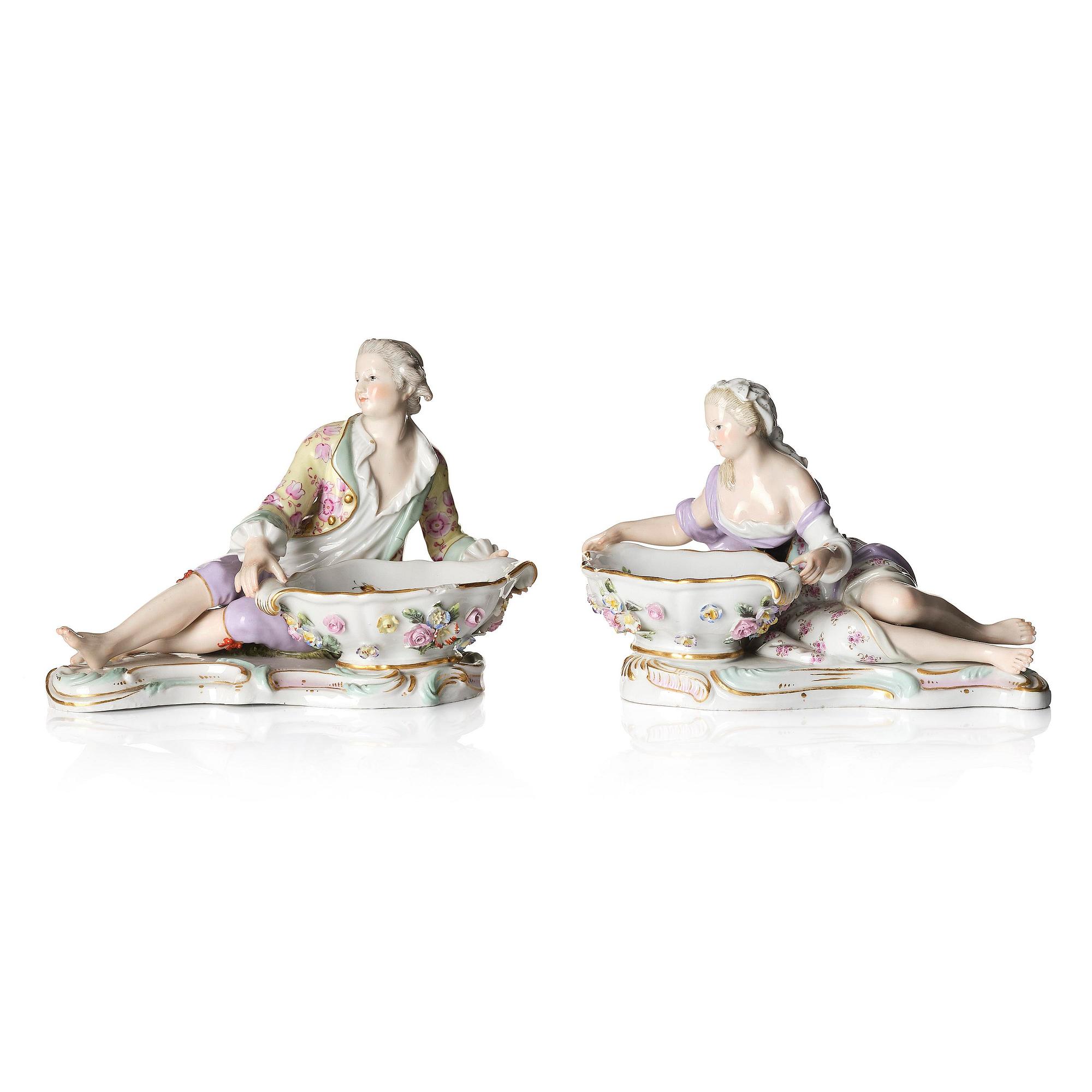 A pair of porcelain salt cellars, Meissen, Germany, late 19th century.