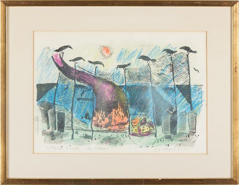 A SVEN X: ET ERIXSON, lithograph and chalk, signed and dedicated.