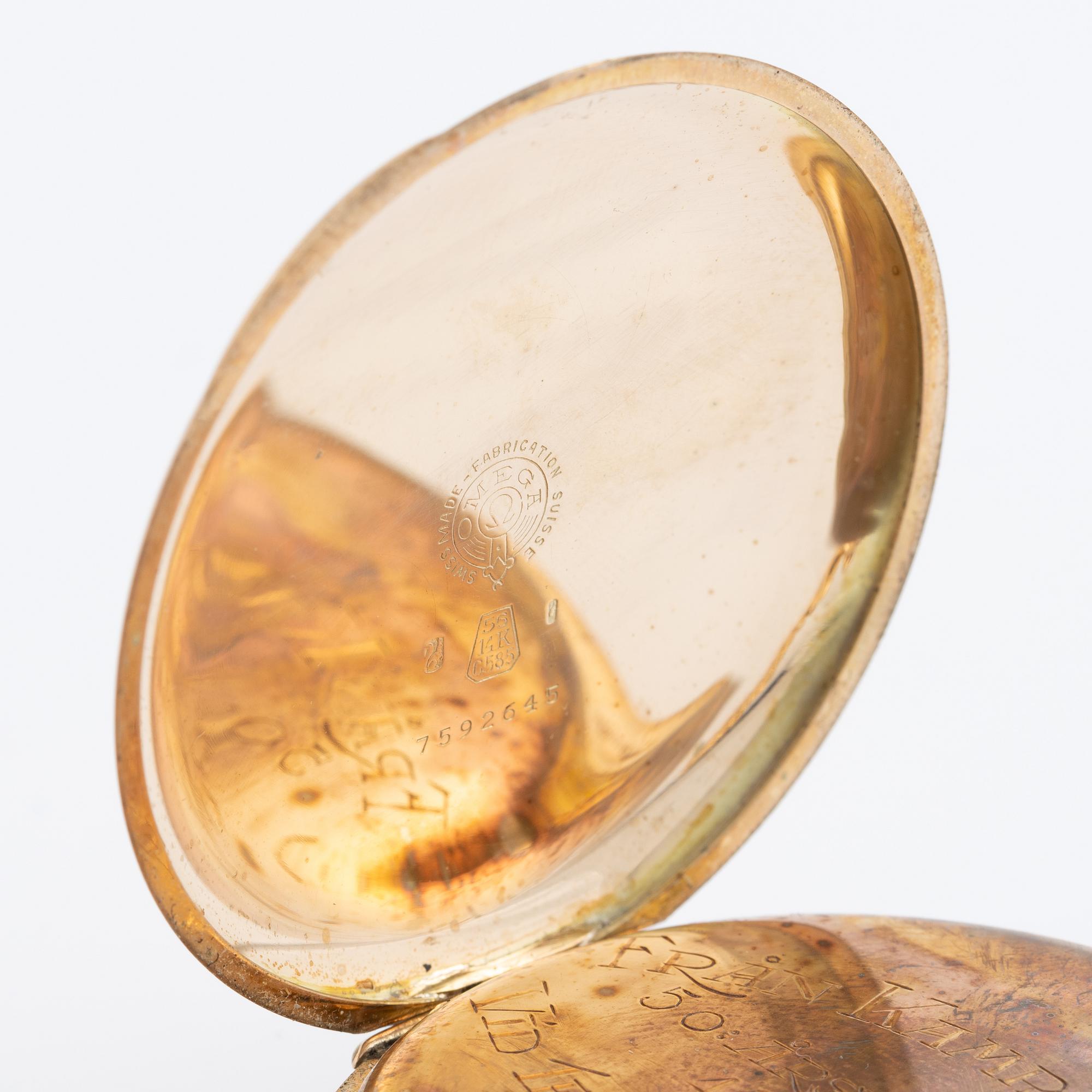 Omega, pocket watch, hunter, 14K gold, 51.5 mm.