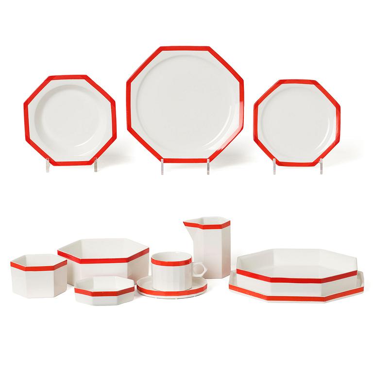 Karin Björquist, a 76-piece “Röd kant” bone china dinner service, Gustavsberg, post 1968.