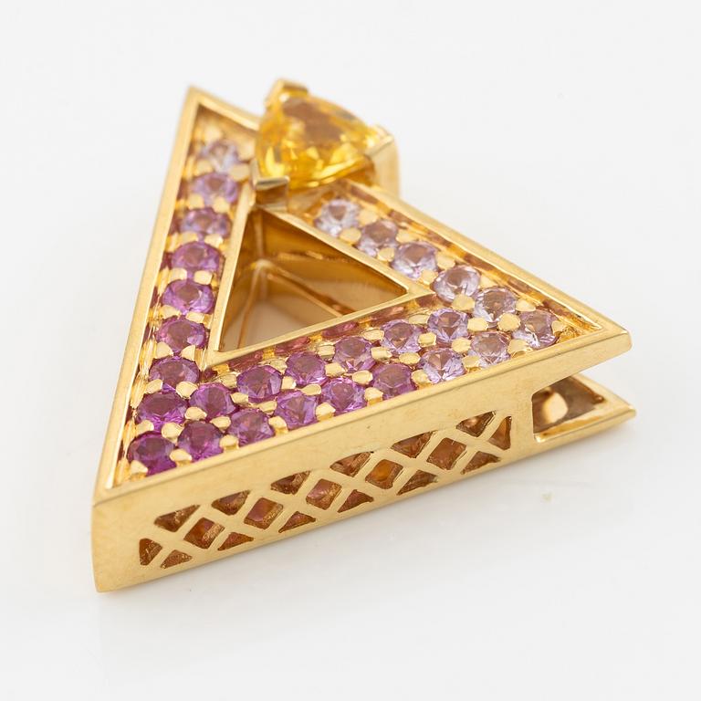 Pendant in 18K gold with a yellow and pink sapphires.