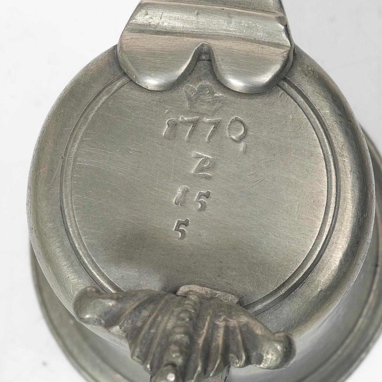 Målkärl, Jumfru av Carl Wessman, Stockholm 1770. Krönt av Zakarias Plantin.