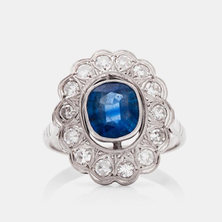 A circa 1.60 ct sapphire and single-cut diamond ring.