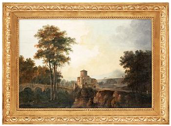 295. Louis Belanger, Sydländskt landskap med slottsbyggnad vid en bro.
