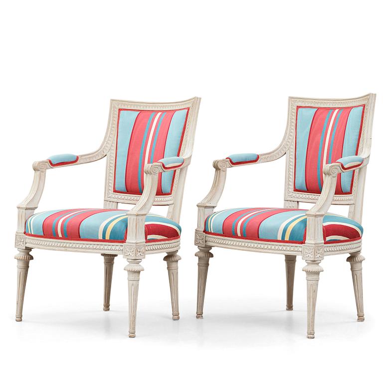 A pair of Gustavian late 18th century armchairs by Lars Söderholm (master in Stockholm 1789-1794).