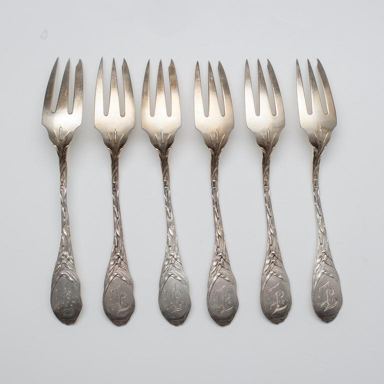 FISH FORKS, 6 pcs. 84 silver. Gratchev St. Petersburg 1896-1908. Length 18,5 cm. Weight 359 g.