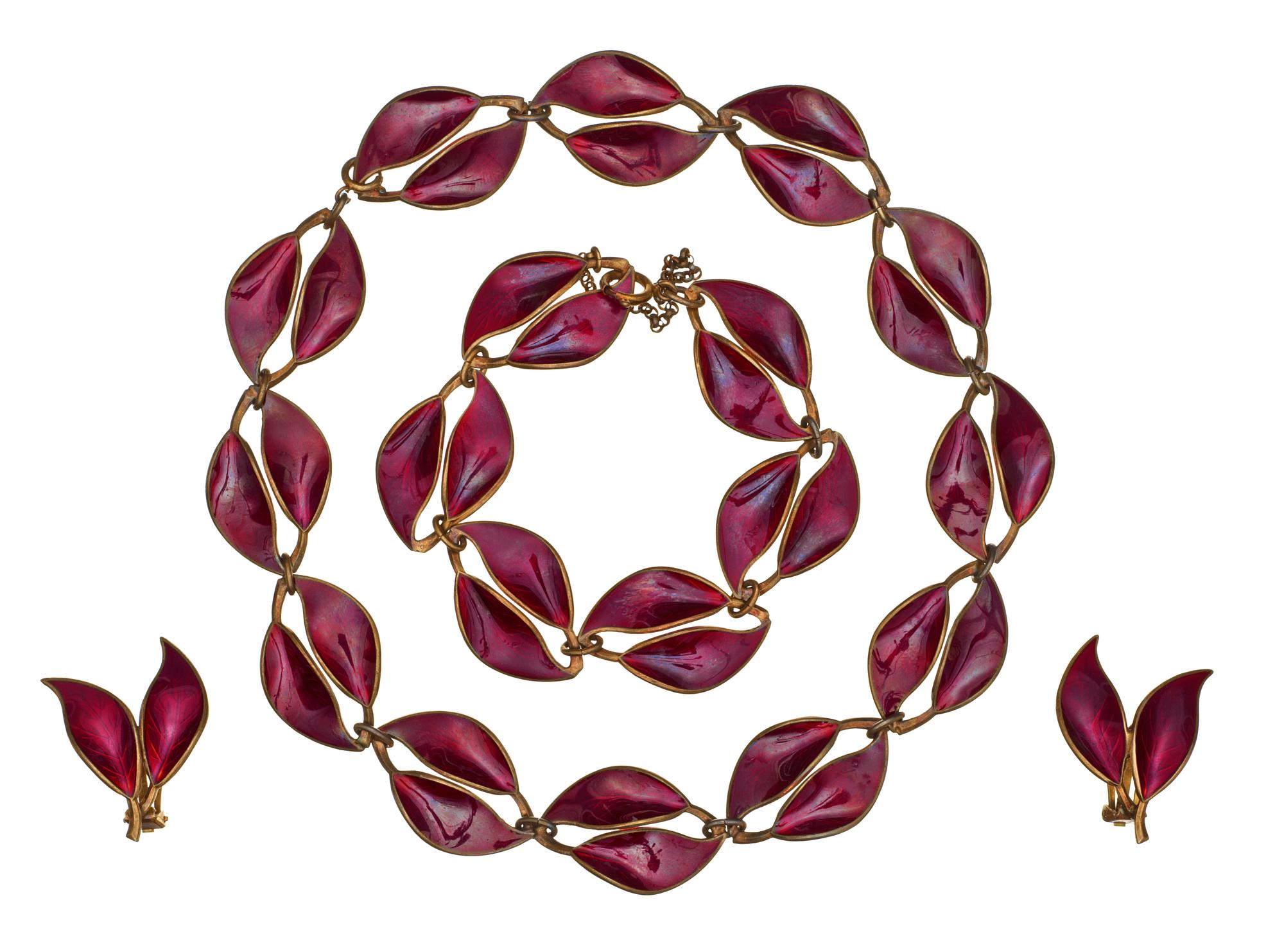 A David-Andersen set of sterling and burgundy red enamel, Norway 1950's.