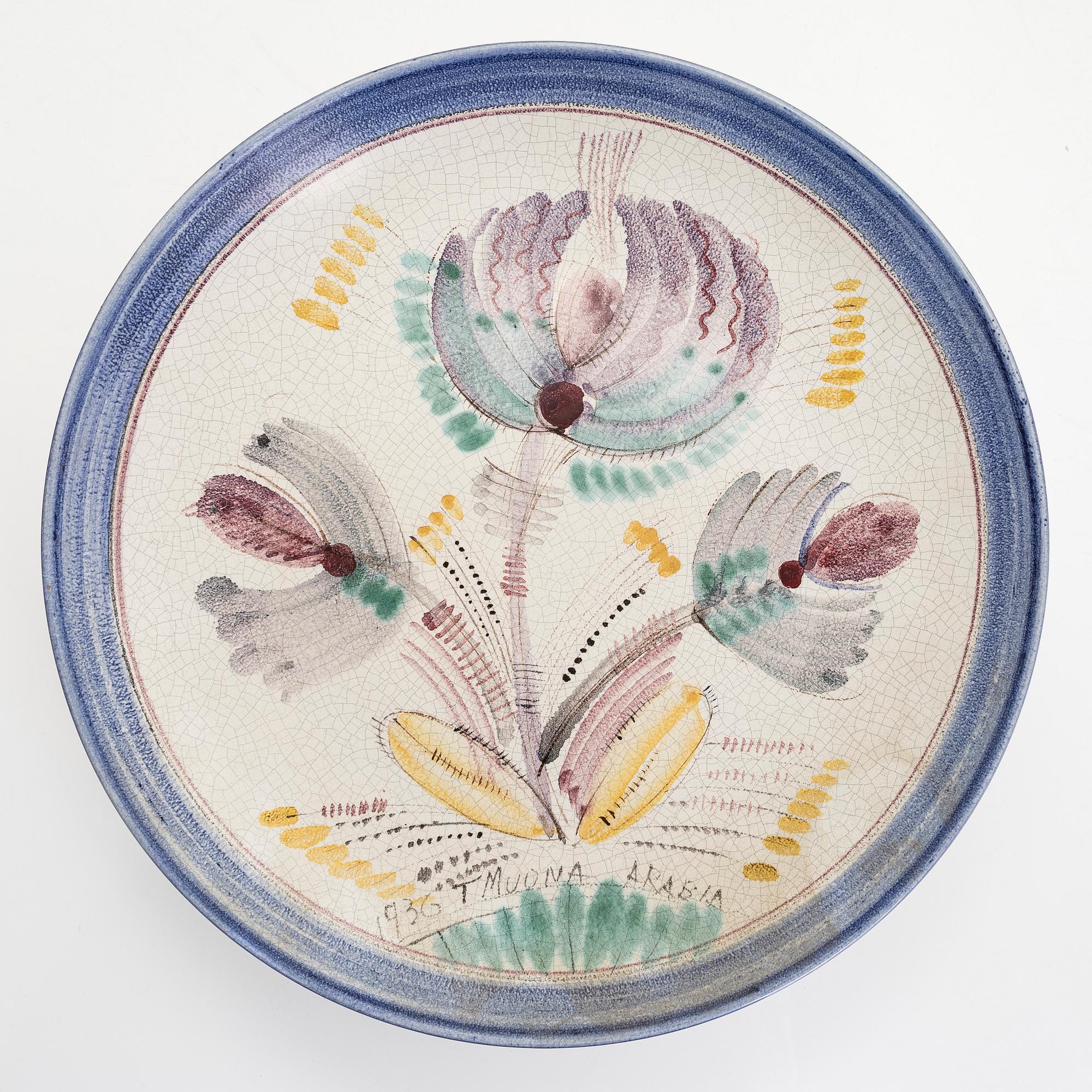 Toini Muona, vati ja kulho, keramiikkaa, signeerattu T. Muona Arabia, Finland.